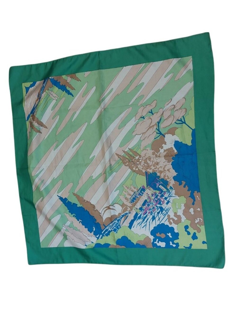 Green Square Scarf outdoor Cafe landscape design brown blue lake trees 26"